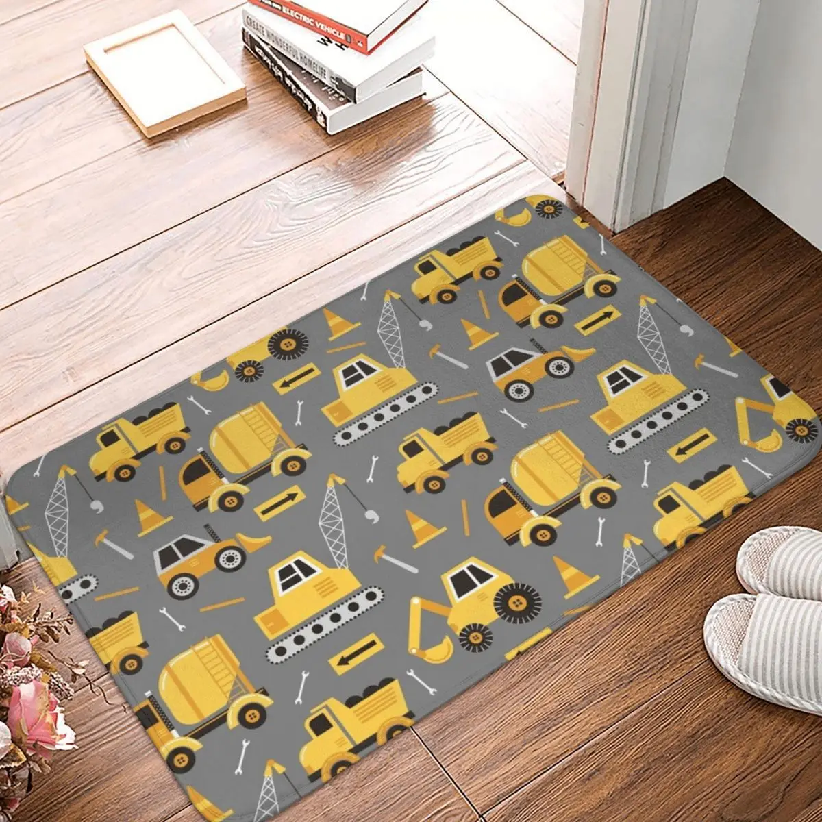 

Construction Trucks On Gray Polyester Doormat Rug carpet Mat Footpad Non-slip durableEntrance Kitchen Bedroom balcony Cartoon