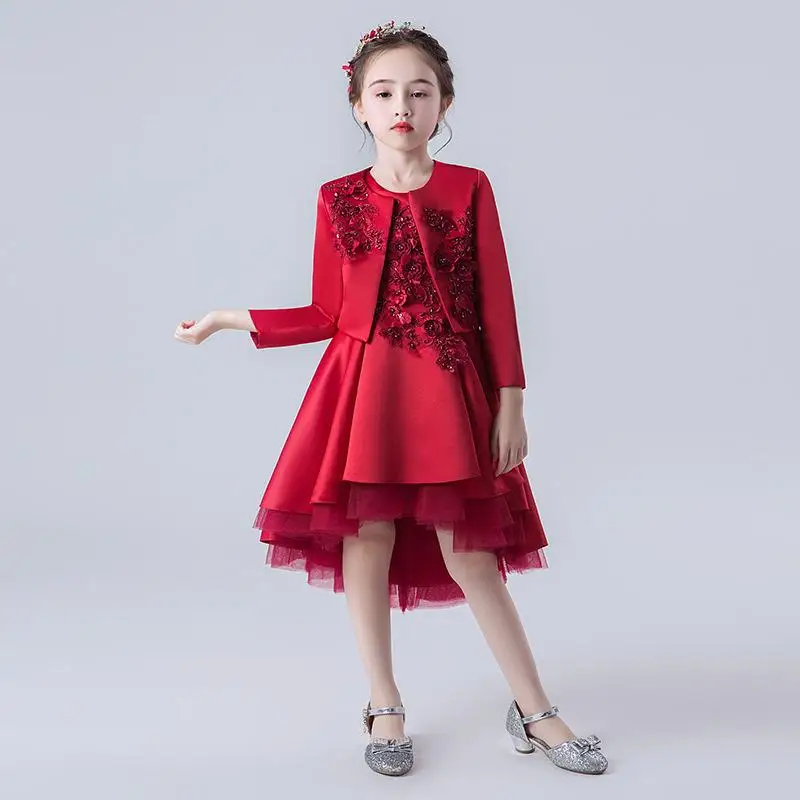 wine red with shawl Детские вечерние кружевные платья с аппликацией для девочек торжественное свадебное платье для девочек-подростков+ пальто, 2 предмета, детские платья принцессы с блестками и жемчугом, Q189 - Цвет: wine red with shawl
