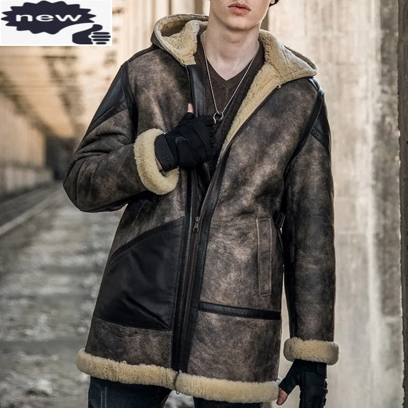 

Italian Mens Military Shearling Mid Long Jacket Natural Lamb Wool Real Sheep Fur Lining Coat Leather Biker Loose 6XL Overcoat