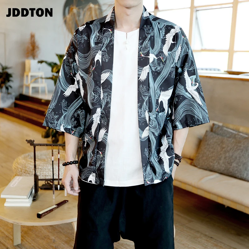 JDDTON весеннее мужское кимоно модный Свободный длинный кардиган с принтом верхняя