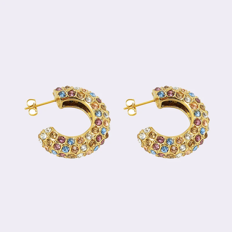 

Ins Hot 18K Gold Plated C Shaped Post Earring For Women Stainless Steel Colorful Full Zircon Stone Stud Hoop Earring Jewelry