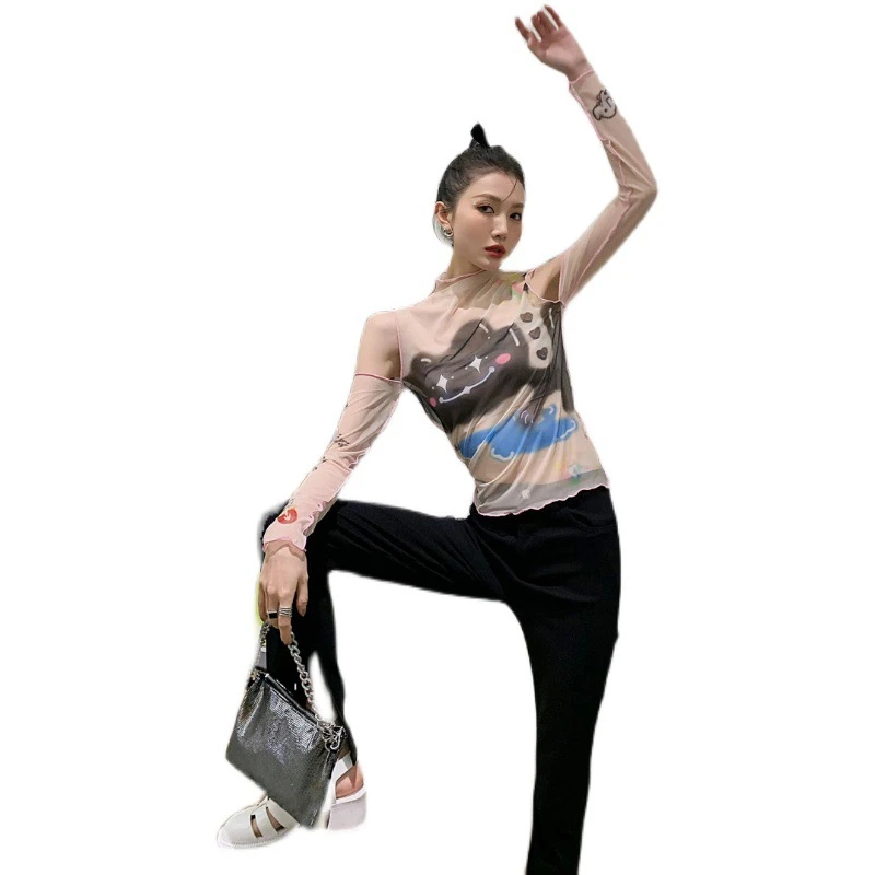 

2021 Print Dark Red Women's T-shirt Single Sleeve Strapless High Neck See-through Women's Top Summer