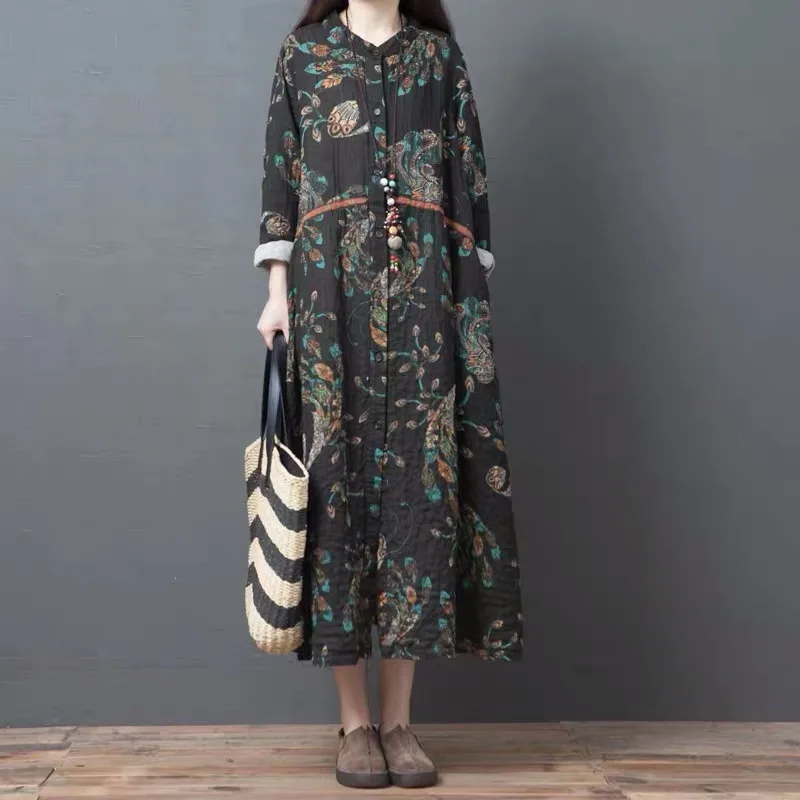 Женское платье в стиле ретро Johnature свободное с длинными рукавами и круглым