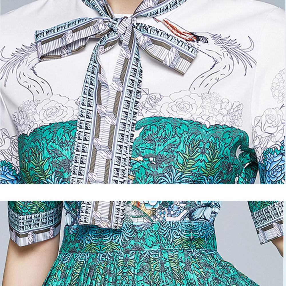 

Merchall Summer Multicolor Floral Print Short Sleeve Midi Dress Runway Designer Women Bow Belt Ruched Vintage Vacation Dresses