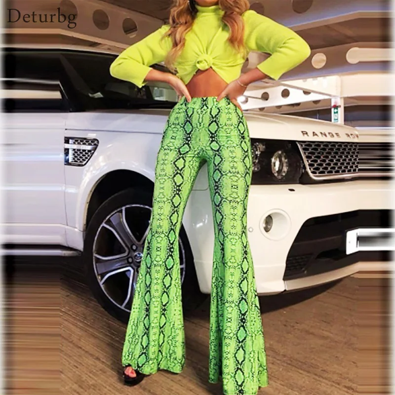 Женские расклешенные брюки со змеиным принтом повседневные эластичные с высокой