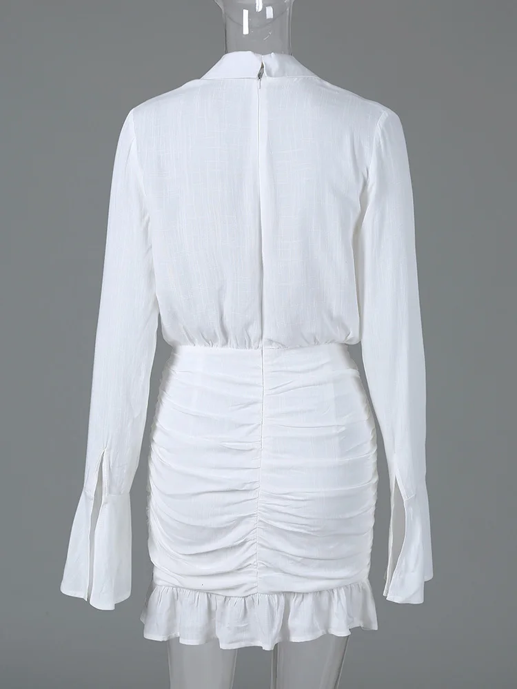 

Women Black Plunge Ruched Ruffles Cuff Mini Dress Ladies Sexy V-neck Long Sleeve Night Party Dresses