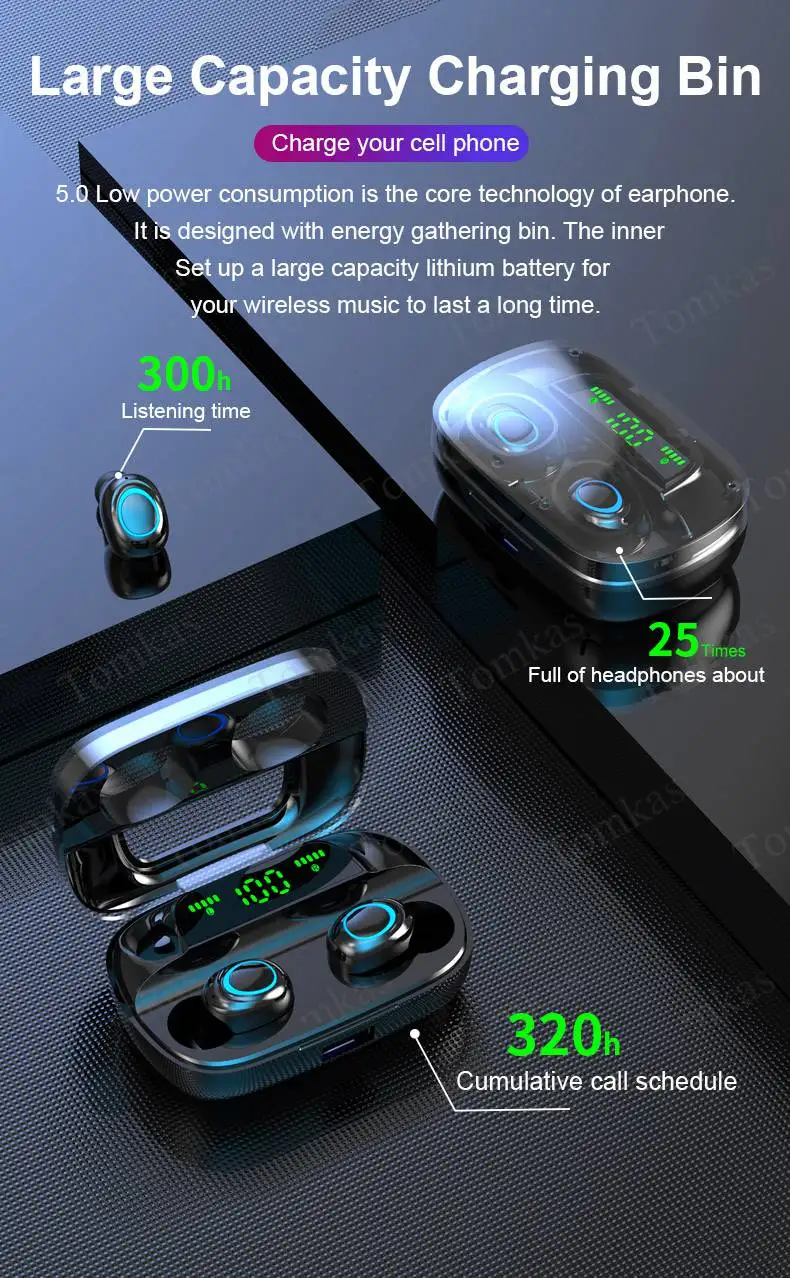 Беспроводные наушники Bluetooth 5,0 TWS, светодиодный внешний аккумулятор 2200 мАч, спортивные водонепроницаемые наушники с микрофоном, беспроводные bluetooth-гарнитуры