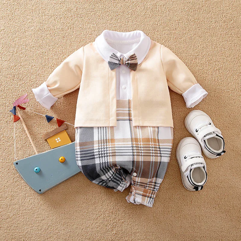

Baby Boy Clothes Fall New Gentleman Baby Outing One-piece Clothes Long-sleeved Plaid Romper Fake Two Pieces Bm*
