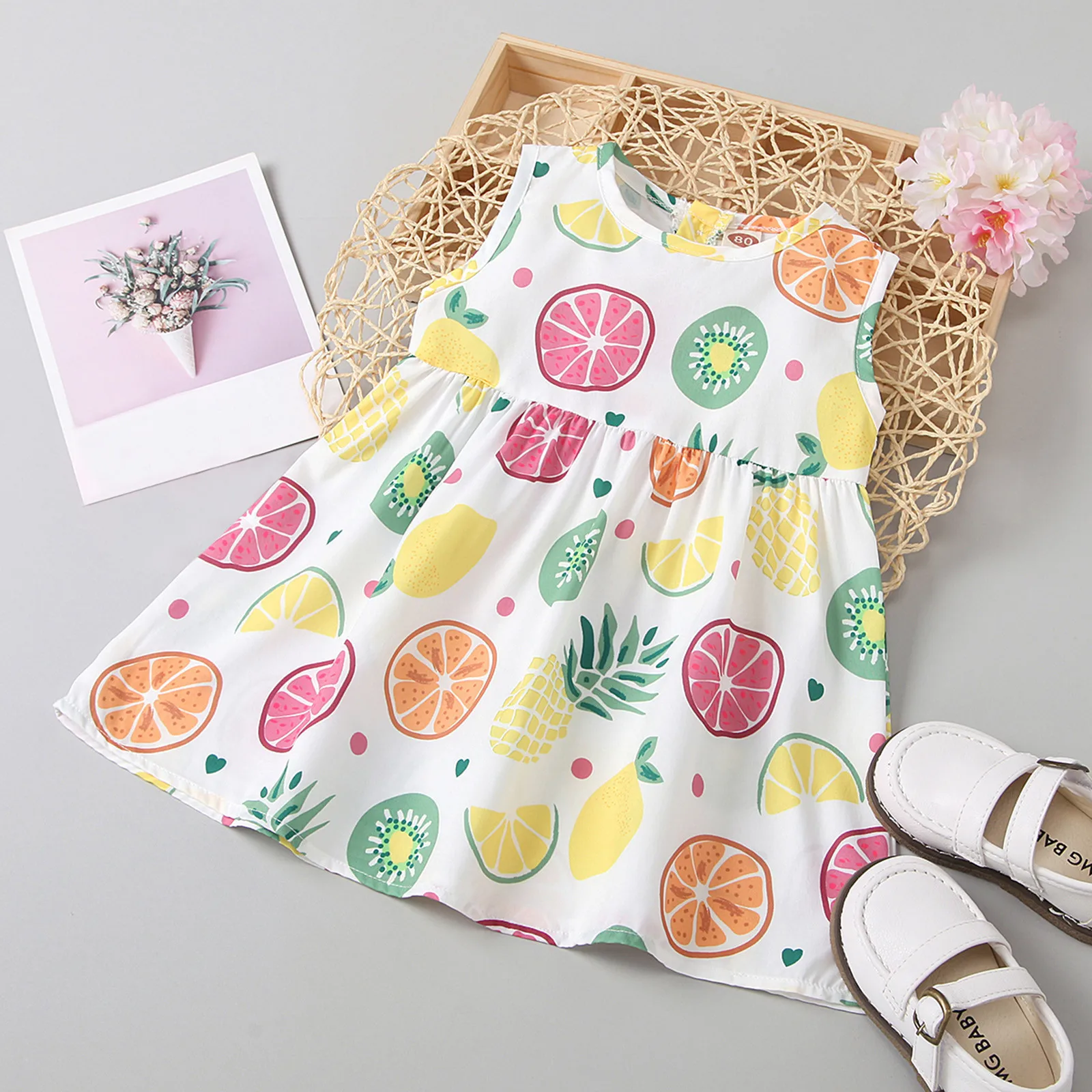 Летнее платье без рукавов с принтом фруктов для маленьких девочек принцессы