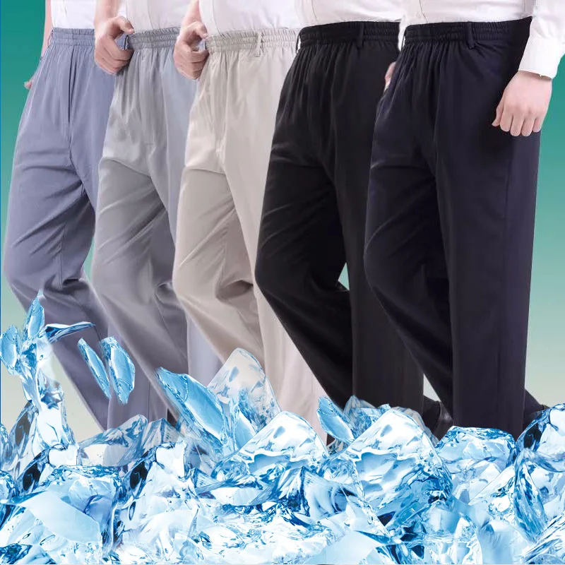 Мужские летние шелковые брюки среднего возраста Длинные свободные повседневные