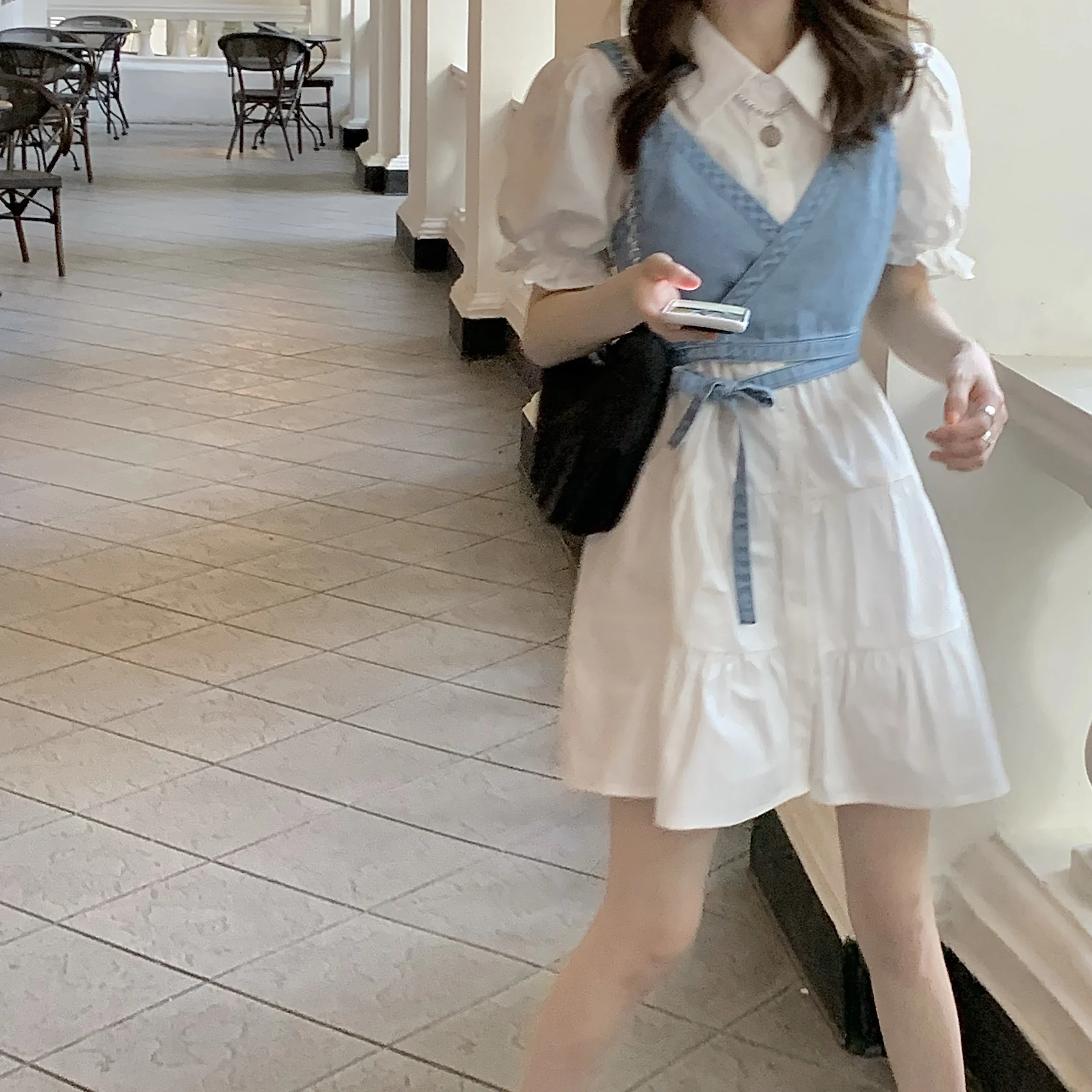 

Preppy Style White Puff Sleeve A- line Shirt Dress Women's Small Design Sense Niche Student 2021 New