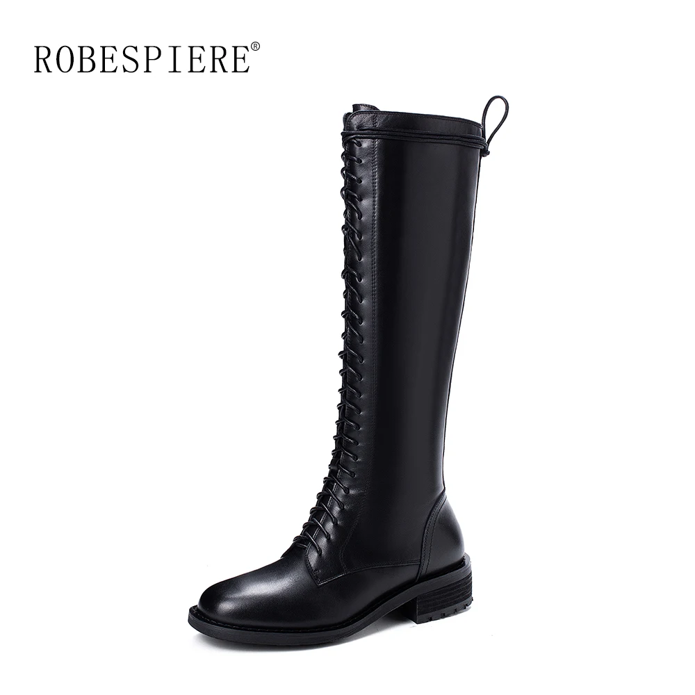 Женские сапоги до колена на шнуровке ROBESPIERE черные из натуральной кожи квадратном