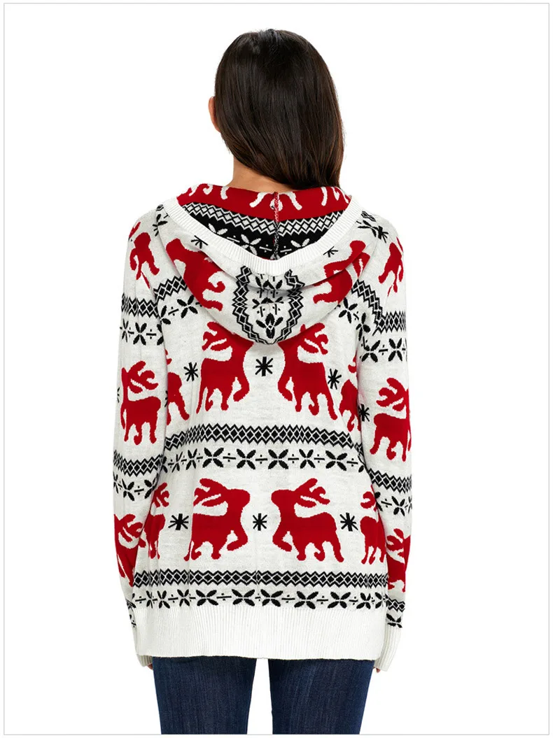 Женский свитер с капюшоном вязаный пуловер оленями цвет белый зеленый черный