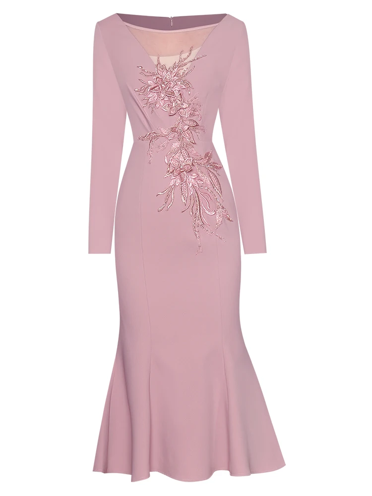 

Женское дизайнерское платье-русалка, элегантное офисное платье розового цвета с длинным рукавом и цветочной вышивкой, украшенное бусинами,...