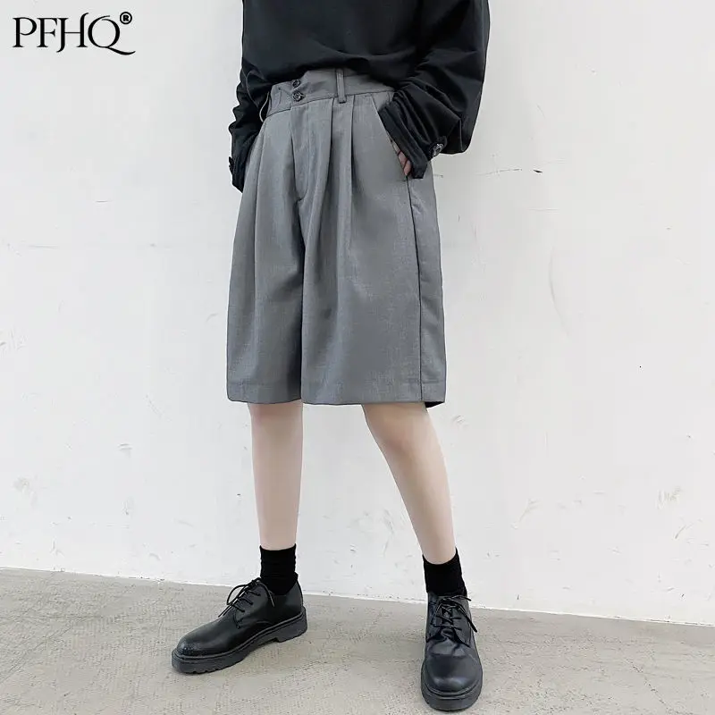 

PFHQ Autumn Double Pleated Design Black Shorts 2021 New Loose Solid Color Men's Casual Wide Leg Knee Length Pants 21D2997