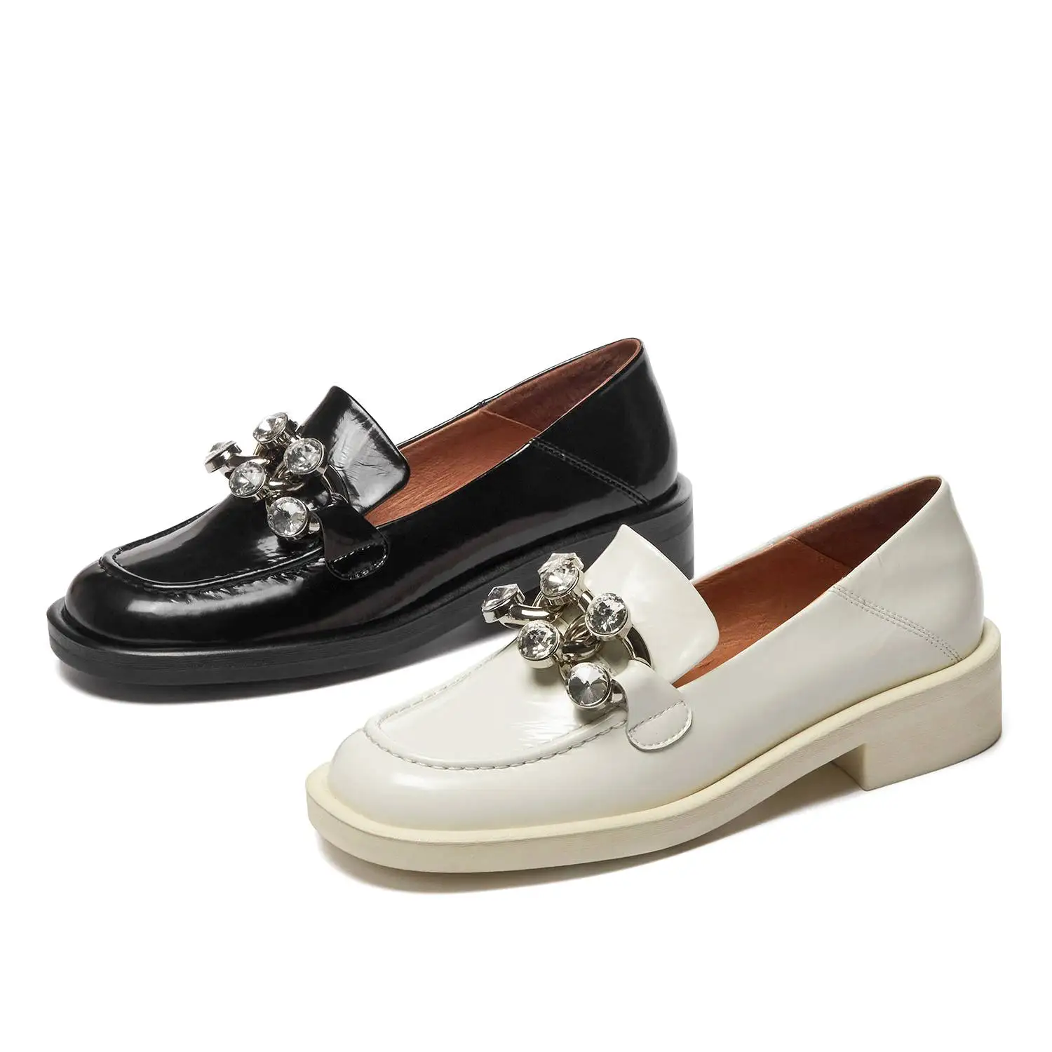 

Krazing pot preppy style genuine leather crystal decorations round toe thick med heel slip on daily wear maiden women pumps L50