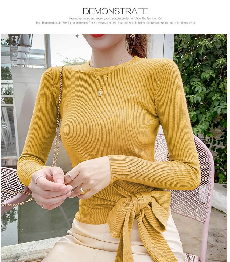 yellow Dingaozlz осенние женские пуловеры новая корейская модная одежда круглый шейный галстук-бабочка вязаный свитер длинный рукав женский свитер Топ - Цвет: yellow