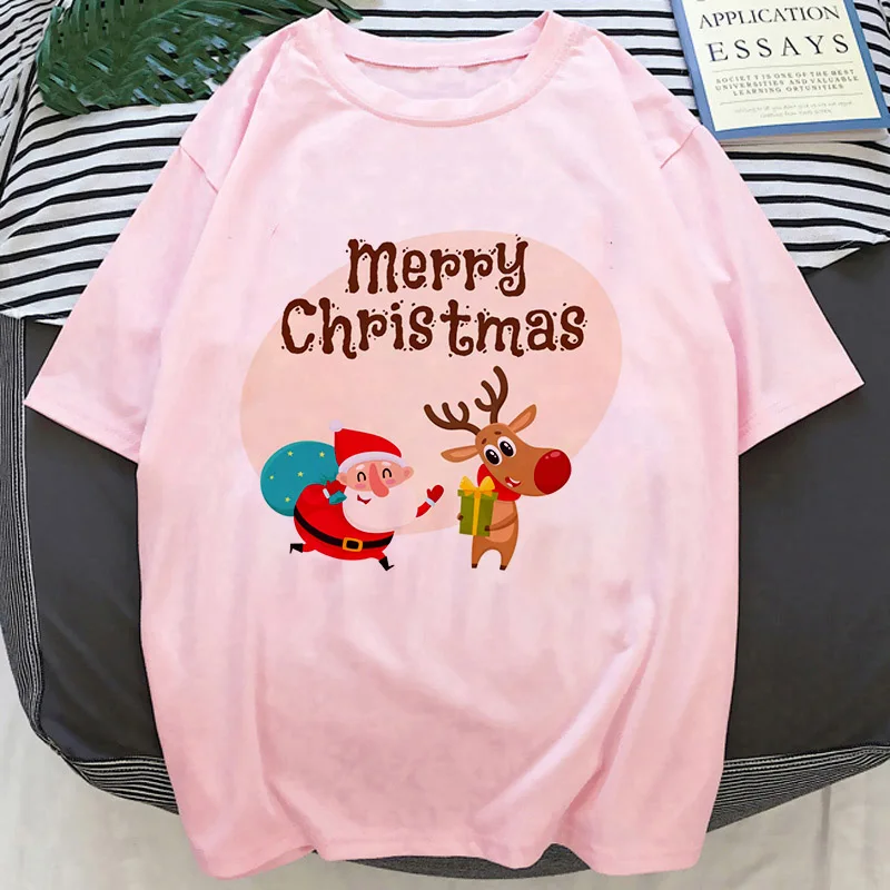 

T Shirt For Women Kawaii Santa Claus reindeer Print Woman Clothes Harajuku Merry Christmas Short sleeve Tshirt Pink Tops Female