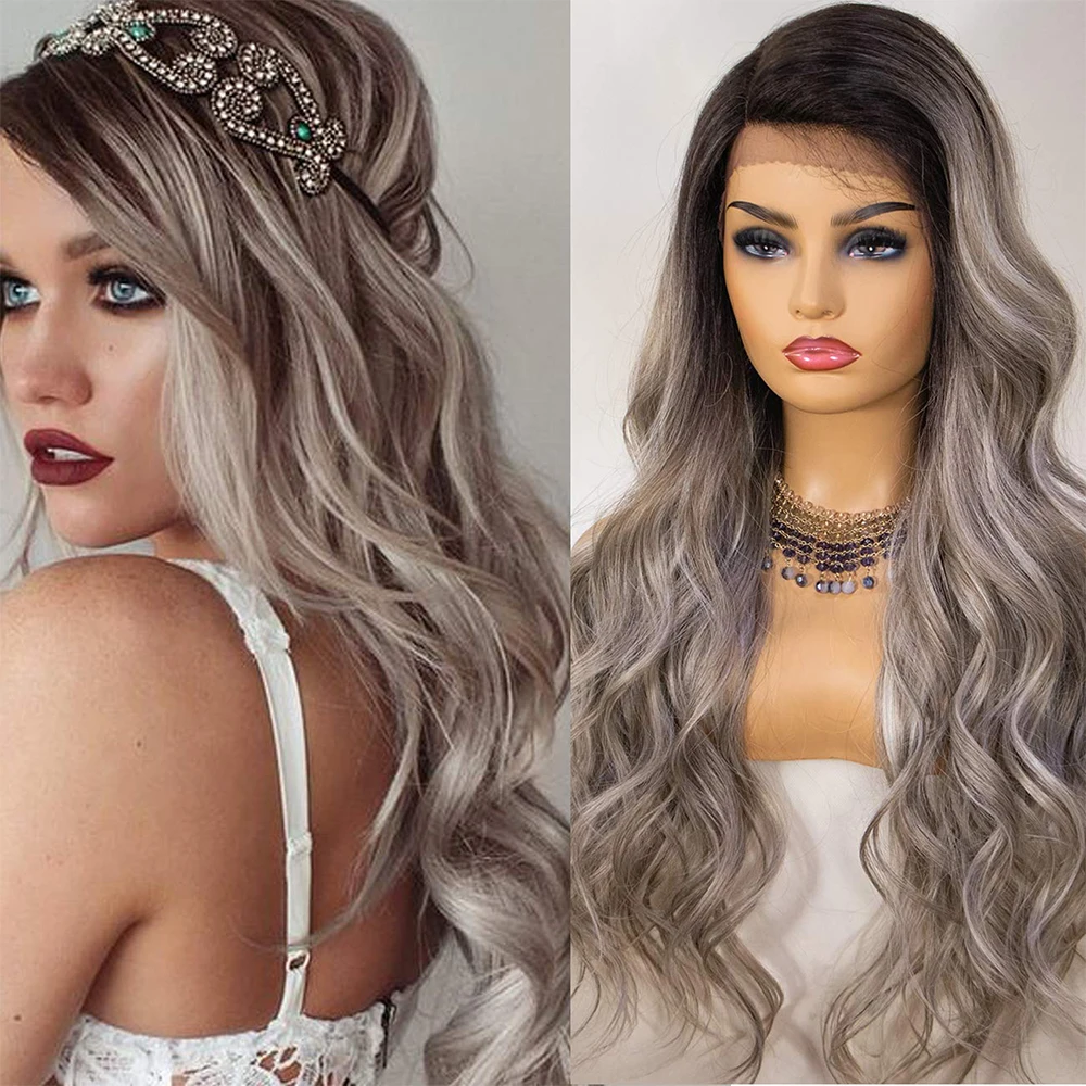 Kryssma Ash Blonde Lace Front Wig Ombre Blonde Wigs Long Wavy Synthetic Wigs For Women Grey Cosplay Wigs Mixed Black Fiber Hair