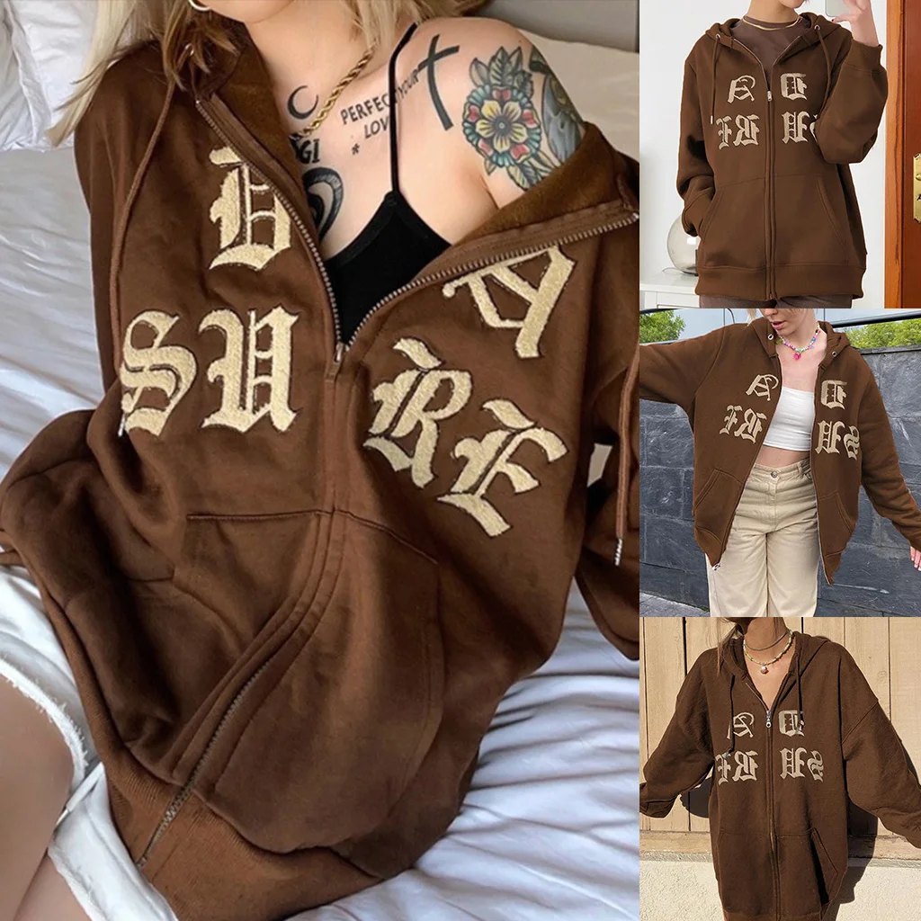 

Женская винтажная толстовка с капюшоном, коричневая Толстовка с длинным рукавом, на молнии, с вышивкой в виде букв, большие размеры, с карман...