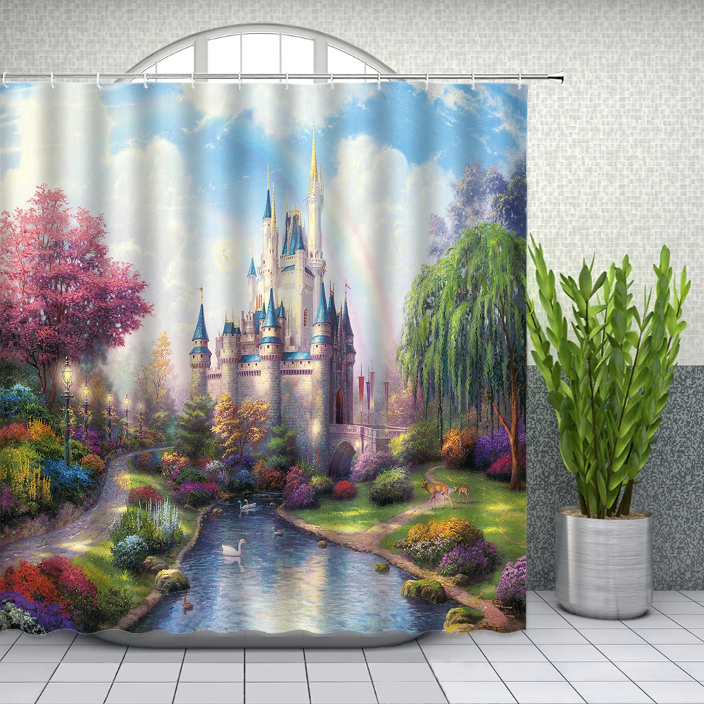 retro oil painting courtyard landscape shower curtains garden house bathroom decor waterproof polyester fabric curtain set free global shipping