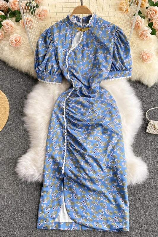 

National Tide Retro Improved Cheongsam 2021 New Scheming Hollow Design Sense Lace Slim Puff Sleeve Dress