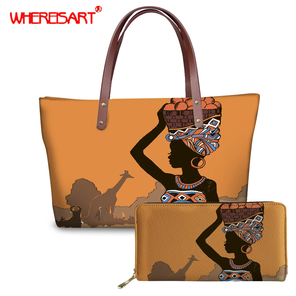 

WHEREISART Art Africain Traditionnel American Art Printed Women Large Capacity Handbag Brand Design 2Pcs Set Shoulder Bag Wallet
