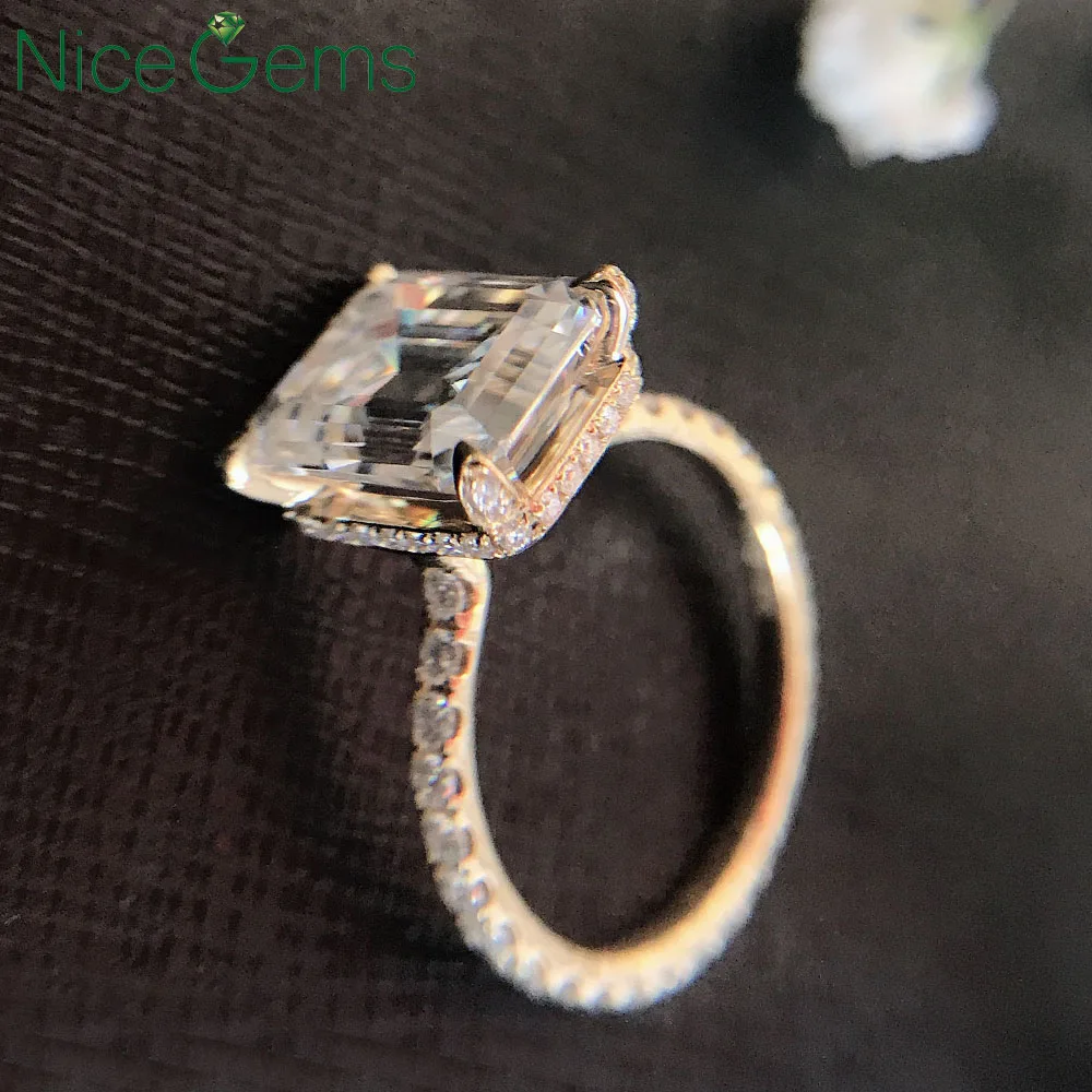 NiceGems Твердое 18K желтое золото в центре 10x8 мм 3.8ctw изумруд огранка Moissanite