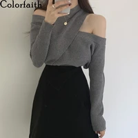 colorfaith new 2021 winter spring women sweater knitted cutout sexy off shoulder cross korean style wild warm lady tops sw0315