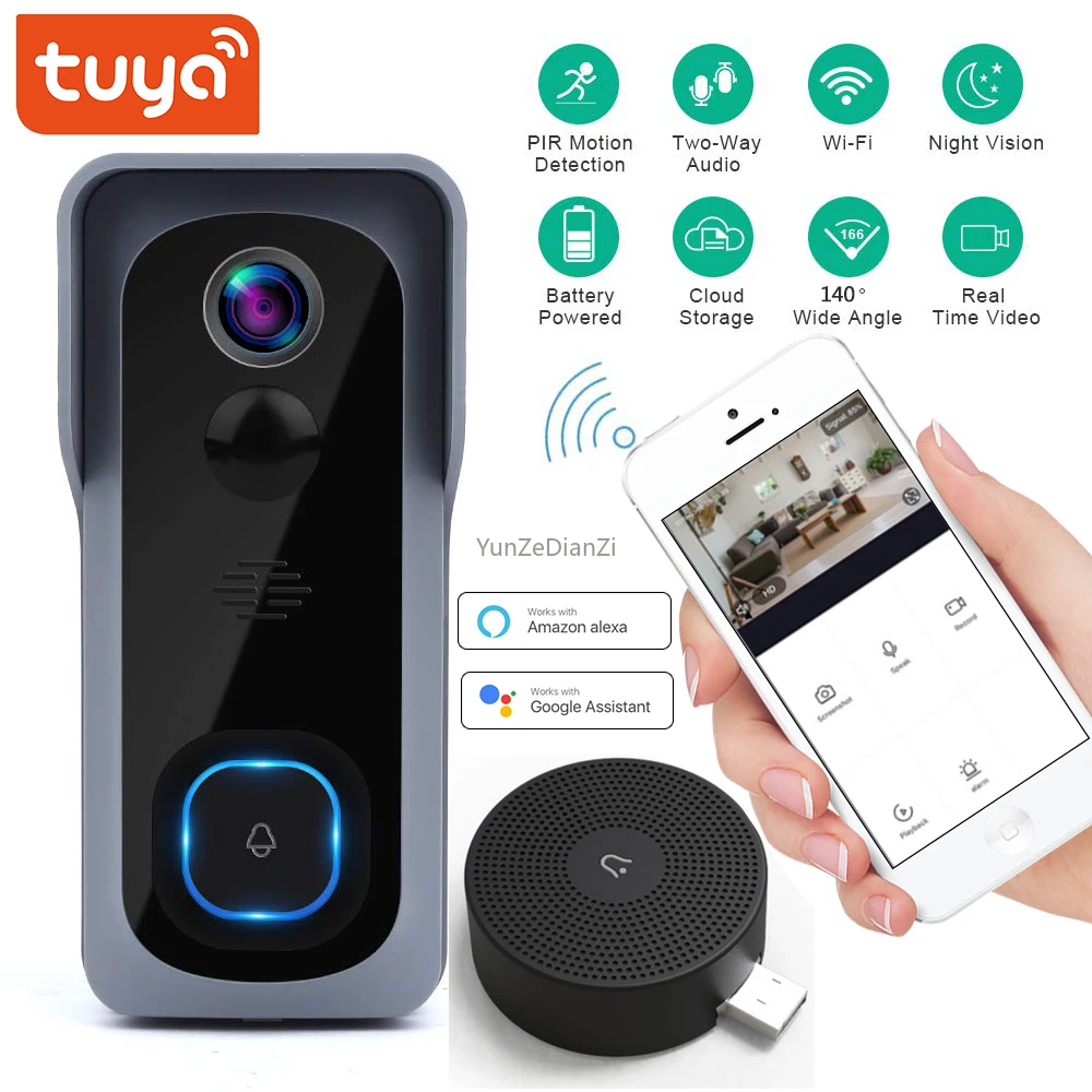 

Умный Видеозвонок Tuya, Wi-Fi, 1080P, Поддержка Google Home, Alexa Chromecast, голосовое управление, умный звонок, облачная камера