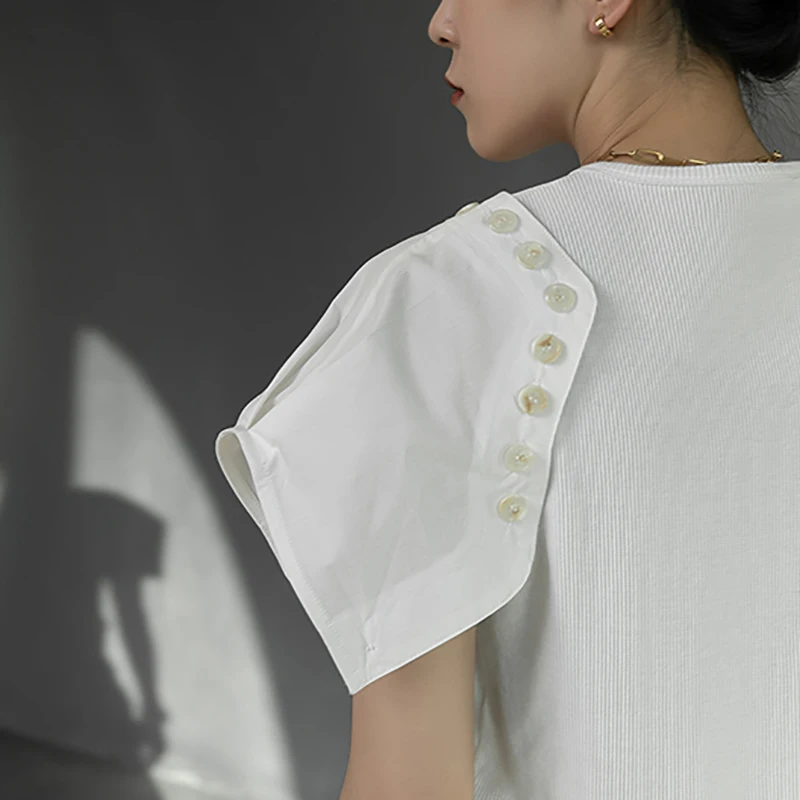 

SHENGPALAE Detachable Sleeve Tops Womne's Summer 2021 New Round Neck Slim Thin Short Sleeve White Irregular T-shirt Female 5E637