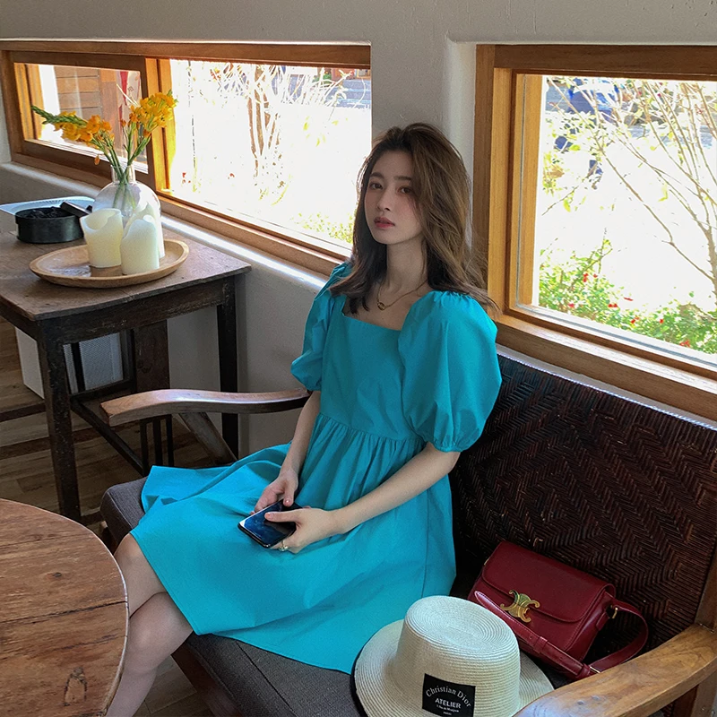 

Summer Chic Mini Dress Female Korean Women Y2k Casual Short-Sleeved Elegant Floral Square Neck Dress Beach Skirt Banquet Dress