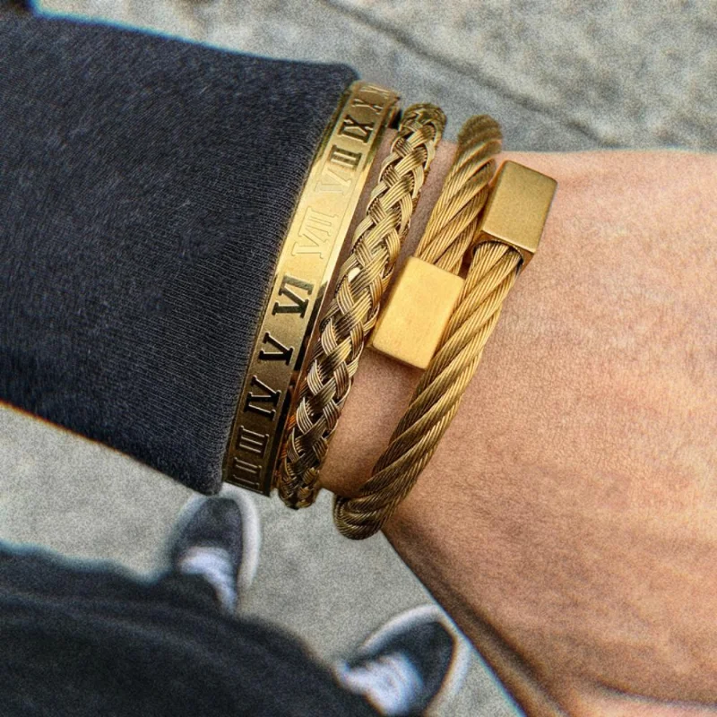

Luxury Stainless Steel Bracelet Hip Hop Men Jewelry Roman Number Charm Gold Color Jewelries For Man 3pcs/Set Pulseira Bileklik