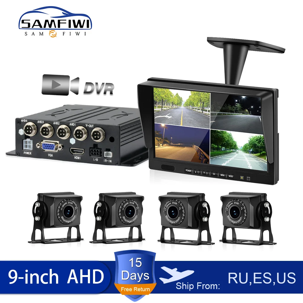 9-дюймовый AHD 4-канальный видеорегистратор автомобильный монитор камера заднего