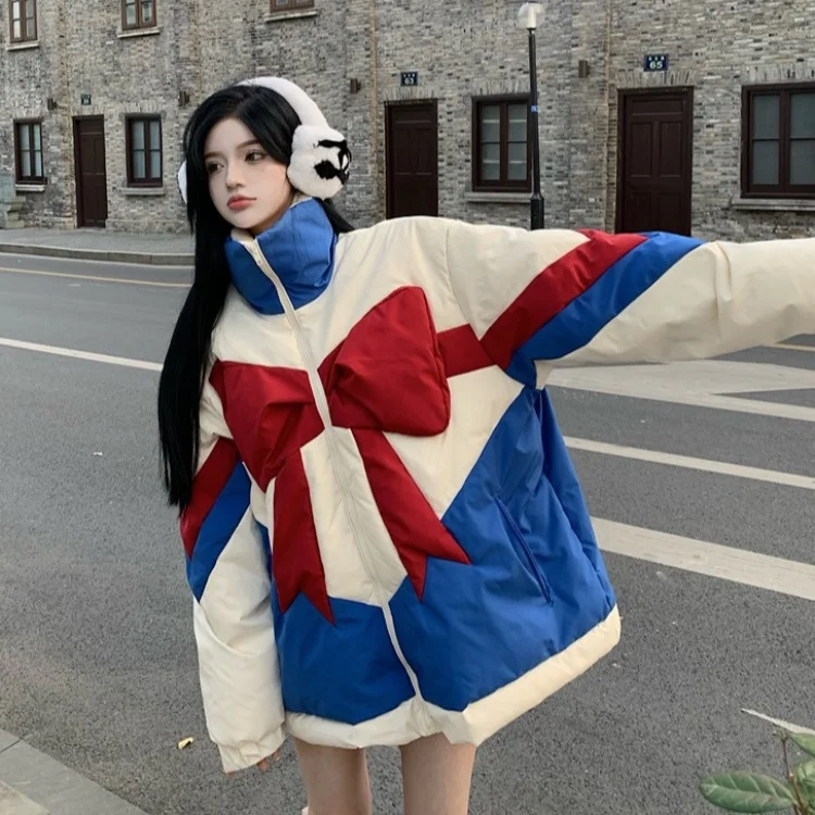 

Bow Tie Cotton Dress Stand Collar Korean Version Design Feeling Loose Winter Thickened Warm Medium Length Cotton Dress C2157