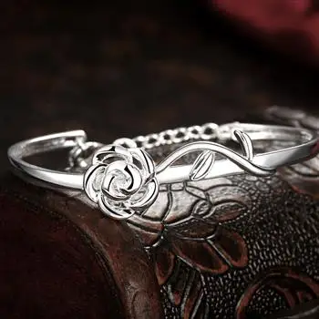 

New Elegant Rose Bracelet with Silver Plated Jewelry Bangles for Women LKNSPCB237