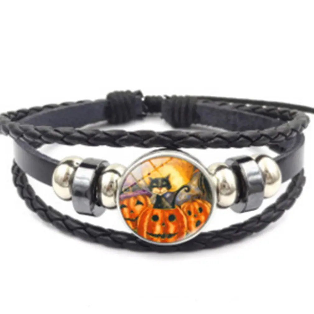 

Creative Braided Leather Bracelet Beaded Bangle Personality Adjustable Halloween Decor Bracelet Women Jewelry