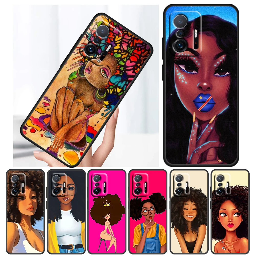 

Black Curly Hair Girl Cartoon For Xiaomi Mi 11 10 Ultra 11T 10T Note10 Pro Lite 11i 10i 10S 5G Soft Black Phone Case Cover