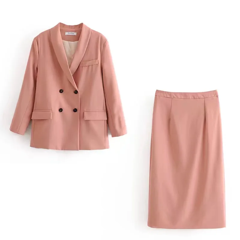 2020 Autumn Double-breasted Button Mid Long Blazer High Waist mid calf Back Slit Skirts OL Women Sleeve Suits 2 Pieces Set |