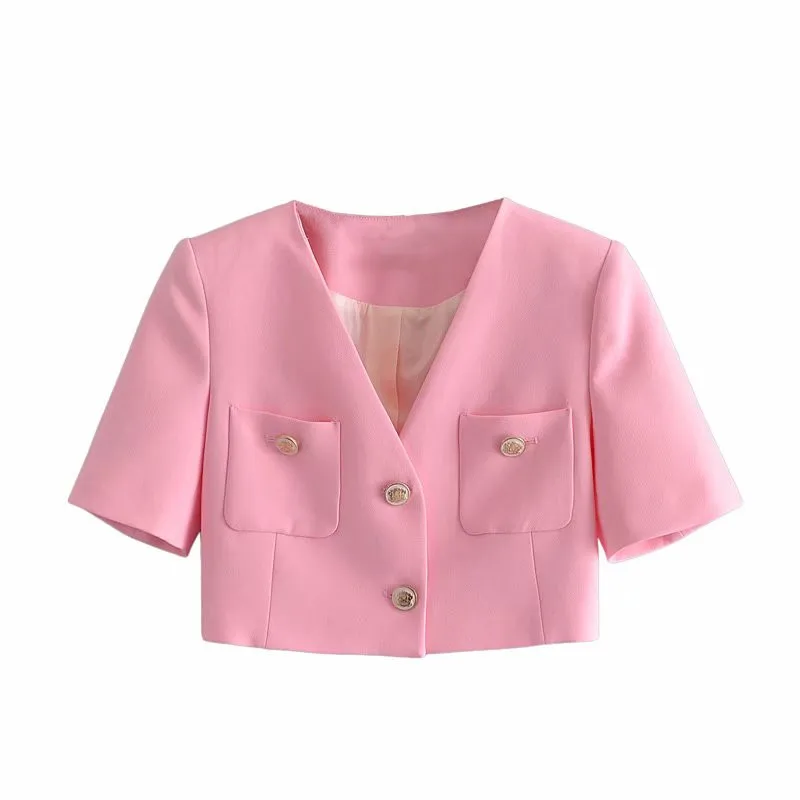 

Женский укороченный Блейзер Za, розовый офисный пиджак с коротким рукавом и V-образным вырезом, однобортная верхняя одежда, лето 2021