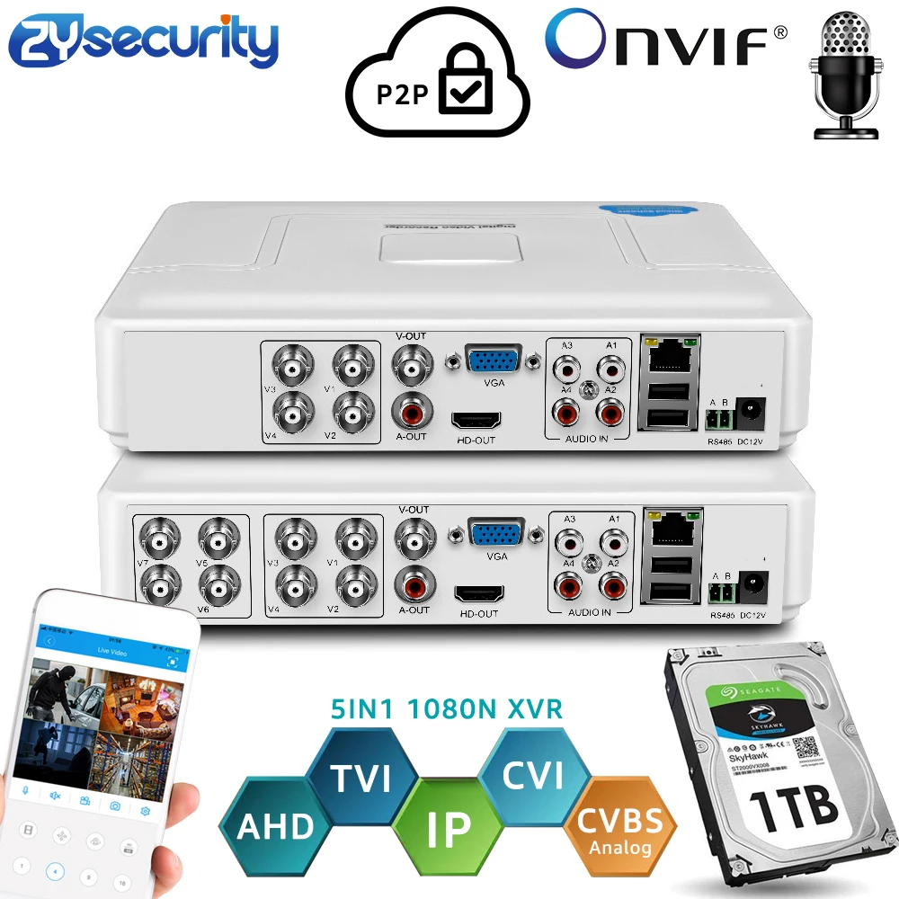 

H.264 Onvif 4Channel 8Ch CCTV Hybrid DVR 1080N 5IN1 Recorder for AHD Camera TVI CVI Analog Camera Mini NVR For IP Camera PTZ
