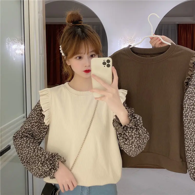 

2021 Spring Autumn Round-neck Floral Long Sleeve Stitching Knit Sweater Female Sweet Elasticity Sweater Women Pullover Y164