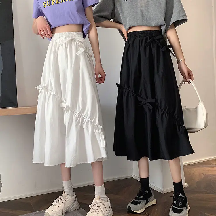 

Japanese college lace up bow skirt 2021 new girl's high waist slim medium length versatile A-line skirt