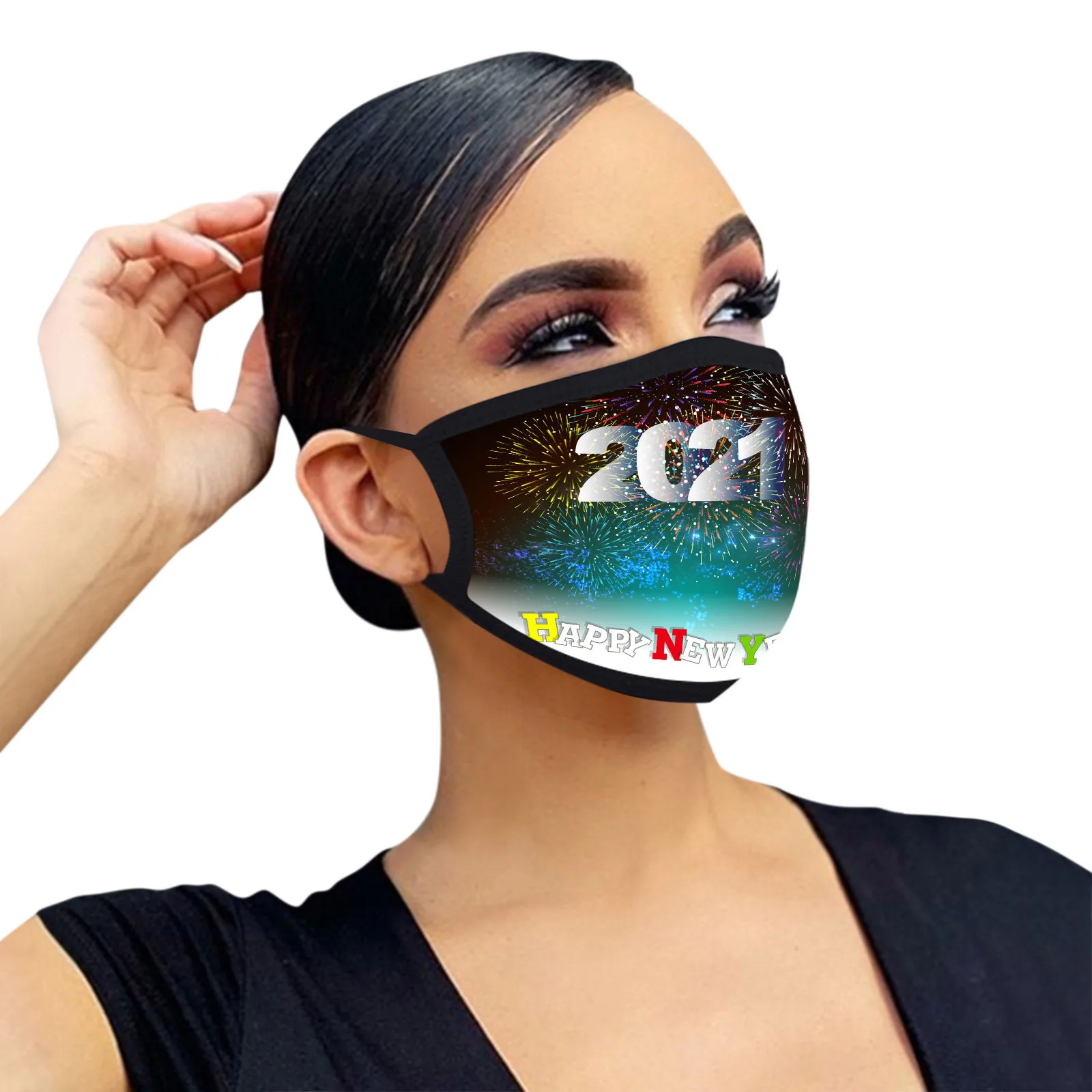 

Unisex Adult Black Face Mask Protection Washable Earloop Windproof Dustproof Happy New Years Letter Prints Face Mask Mascarillas