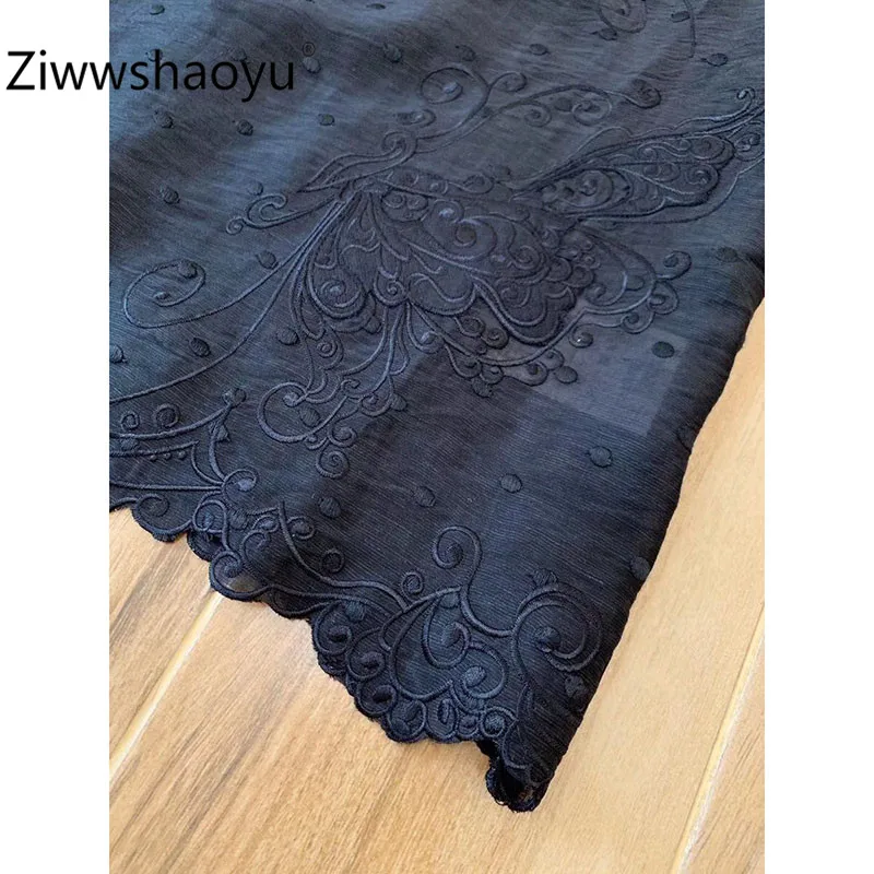 Ziwwshaoyu элегантный выдалбливают цветок вышивка Конопляный черный фонарь рукав дизайнерская блузка рубашка Топы женские