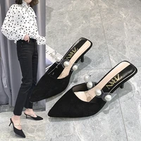 womens 2021 summer and autumn casual high heeled shoes womens stiletto pointed pearl decorative suede single shoes slippers