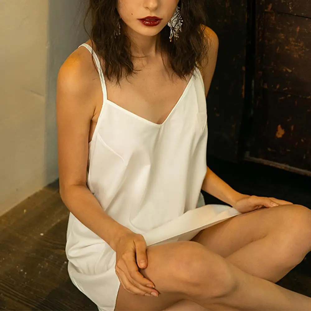 Пикантная ночная рубашка для женщин модная белая однотонная Пижама без рукавов