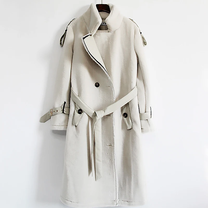 LANMREM новинка 2019 зимнее пальто из овечьего меха с воротником-стойкой длинное белое