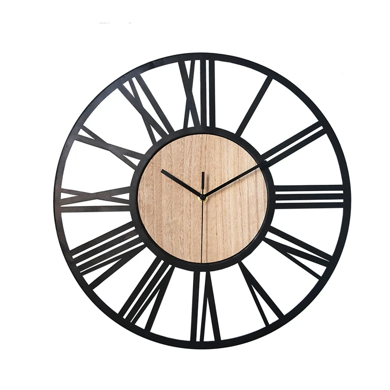 

Modern Iron Wooden Wall Clock 16 Inch Roman Number Silent Wall Watch for Farmhouse Living Room Bedroom Home Decor