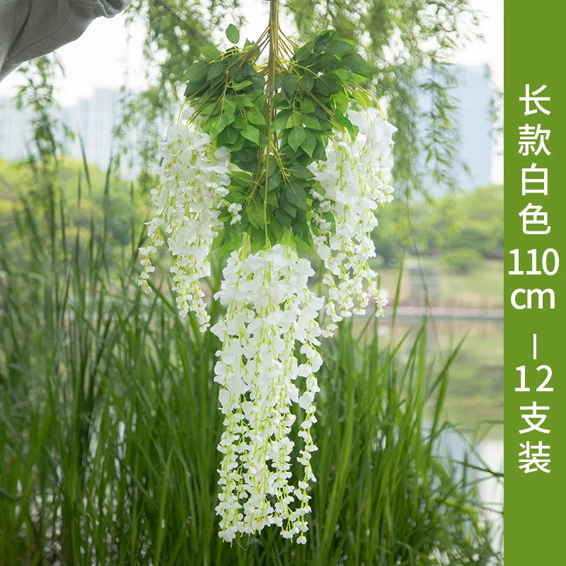 Decoraci&oacute;n de techo de flores de glicina, simulaci&oacute;n de rat&aacute;n, creativa, para celebraci&oacute;n de boda, hojas falsas de pl&aacute;stico, 12 piezas-3